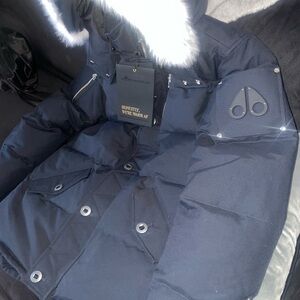 Moose Knuckles Navy Puffer Jacket with Fur Trim